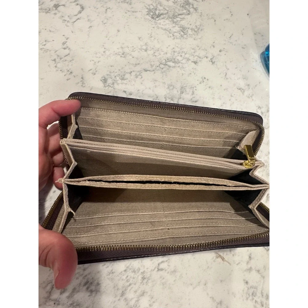 St. John Dark Brown SJ Monogram Embossed Leather Zip Around Wallet Gold Hardware